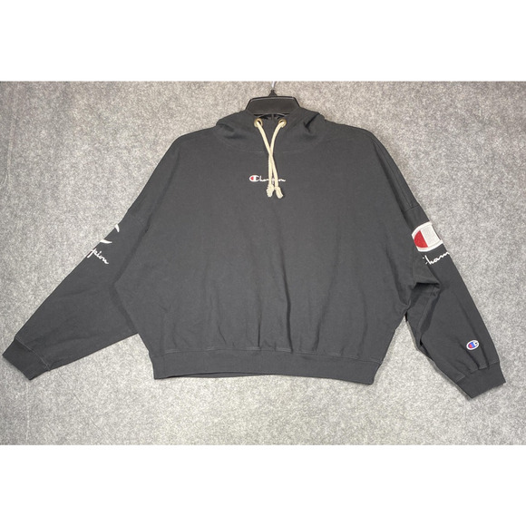 Champion Hoodie Womens Small Black Cropped Big Logo Sleeve Embroidered Oversized - Picture 1 of 14
